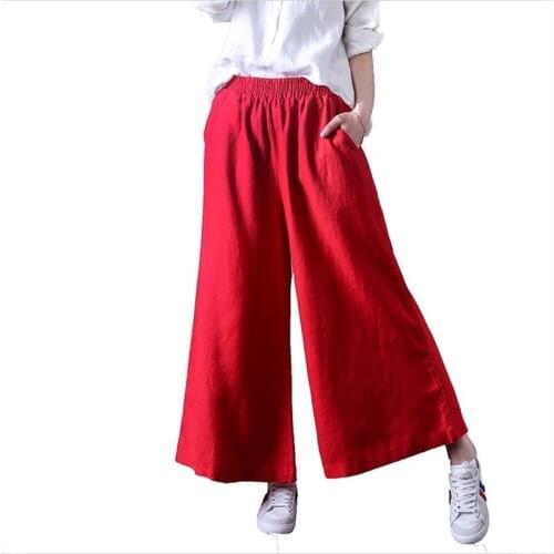 2020 spring women casual cotton pants high waist solid 2 color pockets ankle-length trousers wide leg pants plus size pants