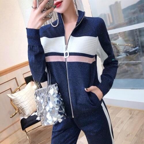 Spring New Casual Knit Sweashirt Zipper Cardigans and Trouser Two piece set Women Blue/Pink/Gray Long Sleeve Knit Coat Suit