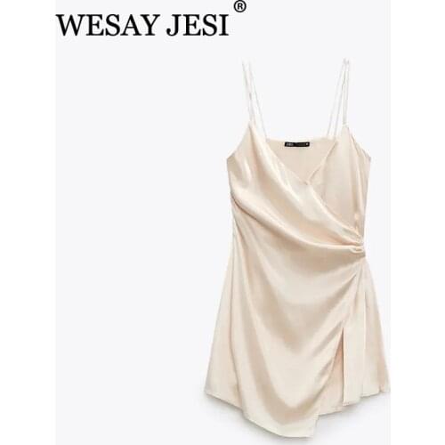 WESAY JESI Women Dress 2021 New Satin Summer Fashion Sexy V-Neck Halter Dress Pleated Skirt Sleeveless Pure Color Sling Dress