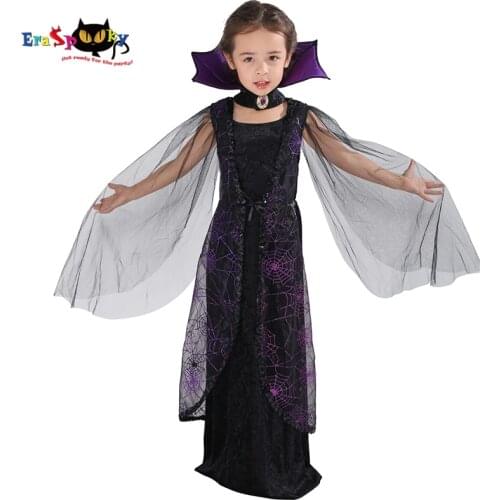 Eraspooky 2018 Purple Spider Vampire Cosplay Girls Halloween costume for kids Lace Cape Long Dress Carnival Party Queen Collar