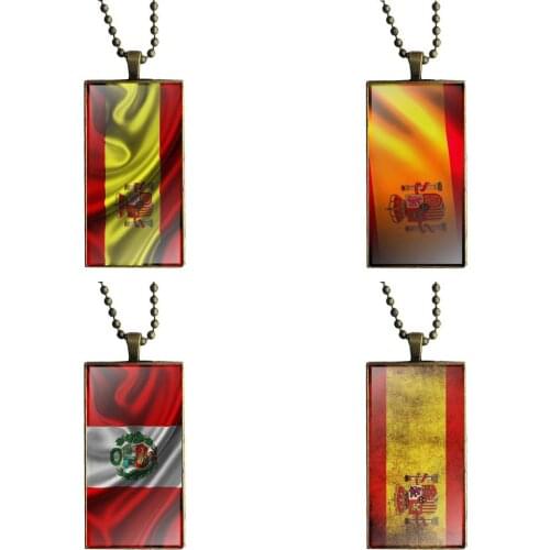 EJ Glaze Spain Flag Unique For Women High Quality Girls Glass Cabochon Pendant Necklace Rectangle Fashion Necklace