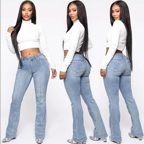 FNOCE 2020 new womens pants jeans fashion trends casual street solid high waist slim loose denim full Flare Pants for women