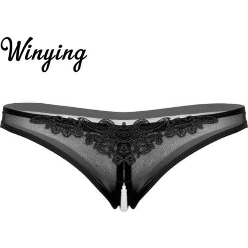 Hot Sexy Women See Through Sheer Mesh Lingerie Open Crotchless Artificial Pearls Beading G-string Thong Erotic Panties Underwear