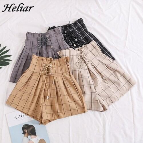 HELIAR Women Shorts Plaid Drawstring Hot Shorts With Ribbons Elastic Waist Wide Leg High Waist Shorts For Women 2021 Autumn