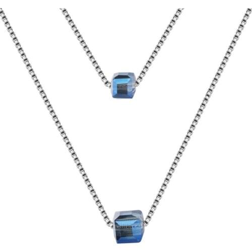 KOFSAC Charming Blue Crystal Rubiks Cube Double Chain Necklace Wedding Jewelry 925 Silver Necklaces For Women Engagement Gifts
