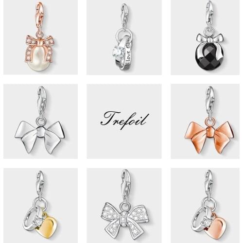 Bow Knot Ring Heart Pearl Charms Pendant,Fashion Jewelry 925 Sterling Silver Cute Gift For Women Girls Fit Bracelet Necklace