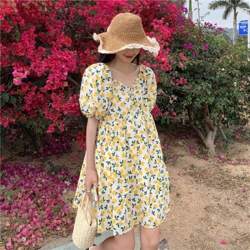 Summer Korean Style Small Fresh Floral Dress Female New Style Puff Sleeve Temperament French Niche Age-reducing Dress