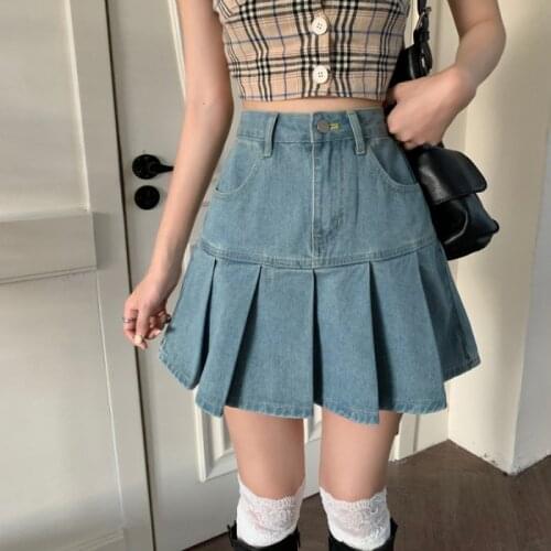 Summer Women Jeans Skirts High Waist Pleated Skirts Harajuku Zipper A-LINE Mini Skirts Y2K Skinny Retro Skirts Womens 2021