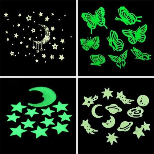 Moon Star Butterfly Universe Kids Bedroom Fluorescent Glow In The Dark Stars Glow Wall Stickers Luminous Glow Sticker