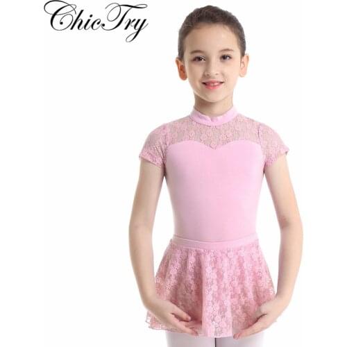 Cute Kids Girls Mock Neck Floral Lace Splice Cutout Back Ballet Dance Gymnastics Leotard Outfits with Lace Skirt Dance Set