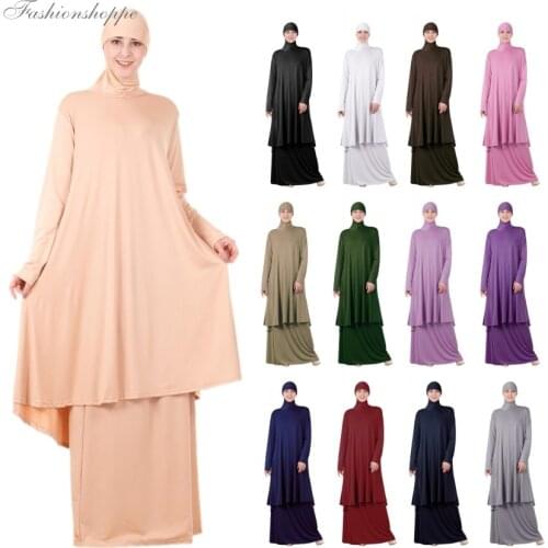 Muslim Women Long Sleeve Hooded Tops Skirt Abaya Two Pieces Dress Maxi Kaftan Jilbab Islamic Prayer Clothing Middle East Ramadan
