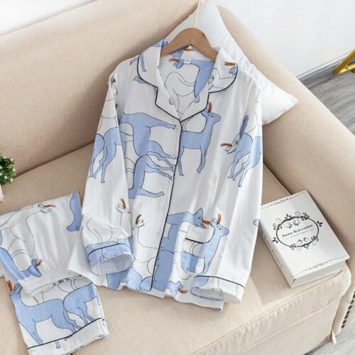 New Arrivals 100% Cotton Home Clothes Women Knitted Pajamas Set Cartoon Print Lounge Wear Female Plus Size Sleepwear Homewear