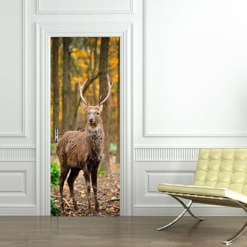 Deer In The Forest Door Stickers Decal Wall Stickers Home Decorations PVC Wallpaper for living room Waterproof