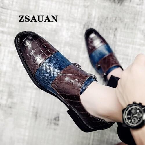 ZSAUAN Dropshipping Splicing Men Oxford Shoes Buckle Strap Fashion Men Party Wedding Shoes Crocodile Pattern Blue Men Footwear