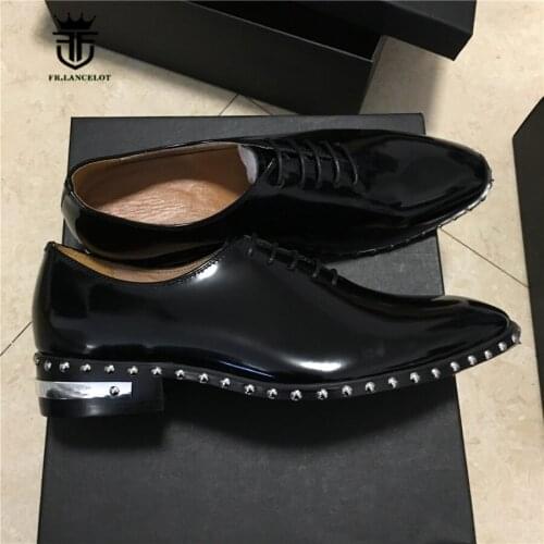 Luxury Handmade Genuine Leather England Lace Dress Shoes banquet Business Rivets Boots Wedge Ankle Men Boots