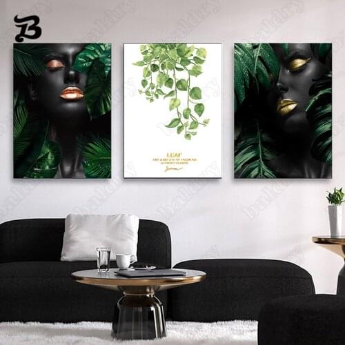 Modern Black Girl Canvas Painting Wall Art Posters and Prints Fashion Women Covered By Leaves Wall Picture for Living Room Decor