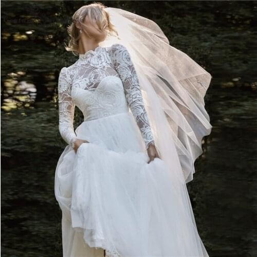 Boho Wedding Dresses Lace Beach Bride Dresses Long Sleeve Hign Neck A-Line Bohemian Bridal Gowns Plus Size Vestido De Noiva