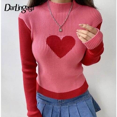 Darlingaga Y2K Vintage Fashion Green Heart Womens Sweaters Autumn Pullover Tops Harajuku Cute Knitted Sweater Aesthetic Clothes