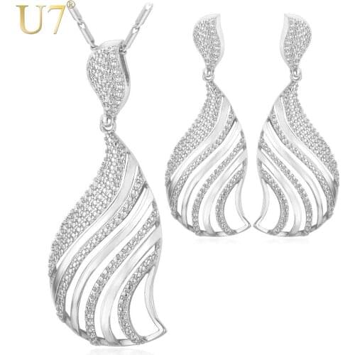 U7 Earrings Necklace Set Silver Color Party Gift Wholesale Vintage Hollow Jewelry Sets For Women S665