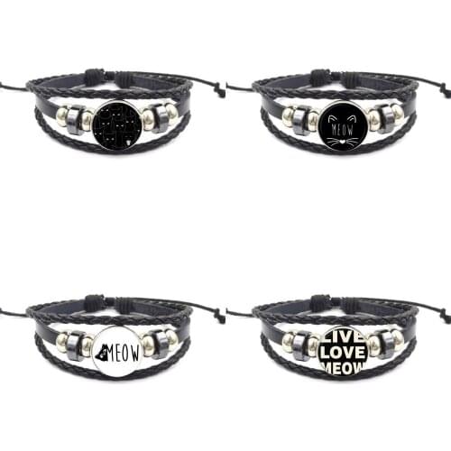 EJ Glaze Glass Jewelry With Glass Cabochon Black Leather Bracelet Bangle For Women Live Love Meow Black Cat