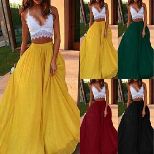 Chiffon Long Skirt Elegant Skirt Solid Color Summer Autumn WomenS High Waist Double A-Line Boho Style Beach Maxi Skirts Saias