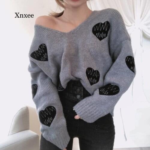Love Embroidery Sweater Harajuku Gothic Gray Women Punk Style V-Neck Loose Vintage Knitted Pullovers Fashion Clothing Tops