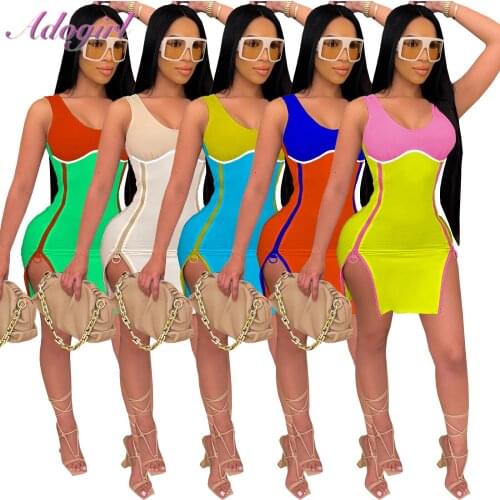 Casual Color Patchwork Sleeveless Side Zips Split Mini Dress Women Summer Sexy Backless Hollow Out Party Club Dresses Vestidos
