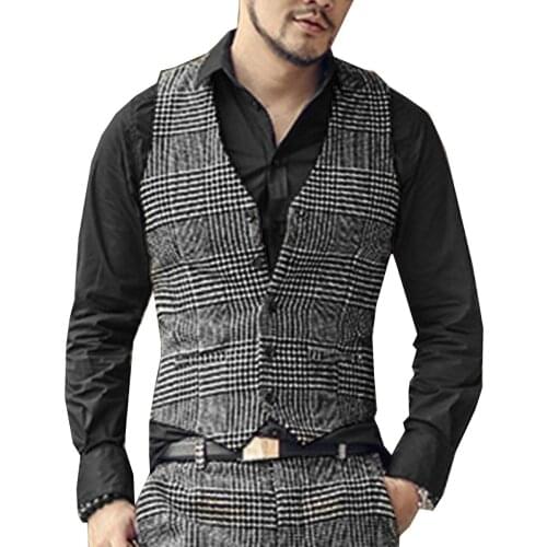 Black/Brown Check Tweed Waistcoat Mens Vest Casual Suit Vest Slim Fit Woolv-Neck for Wedding Groomsmen Business Fashion