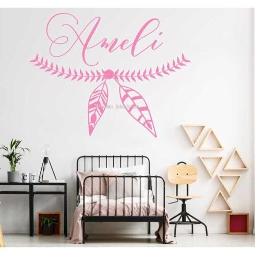 45*34cm Flowers Feather Baby Name Wall Decal DIY Nursery Wall Decor Art Wallpapers Kids Bedroom Decor Custom Wall Sticker LC1265