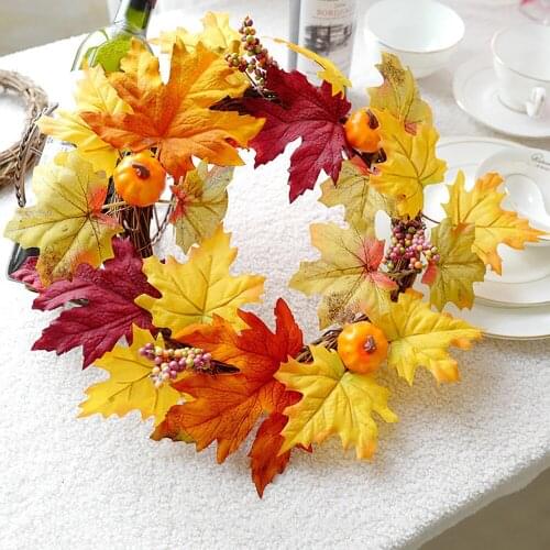 BIEMLERFN 35CM Halloween Pumpkin Berry Maple Wreath Fall Door Wall Ornament Handmade Wreath for Home Party Festival Decoration