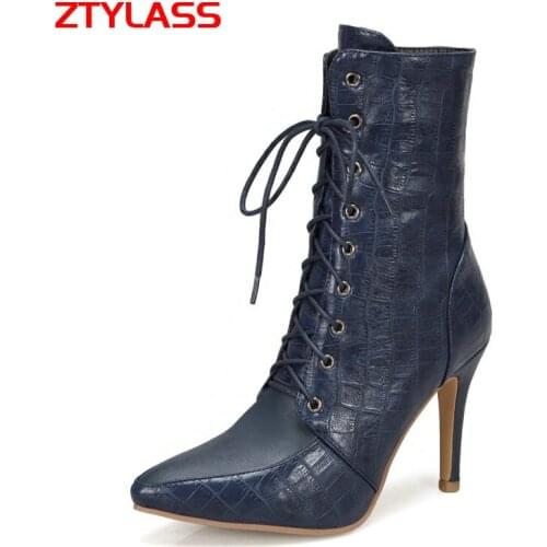 Big Size Women Boots 34-45 Fashion Zipper Thin Hig Heel Ankle Boots Ladies Pointed Toe Autmn Winter Short Boots Corss Tied Shoes