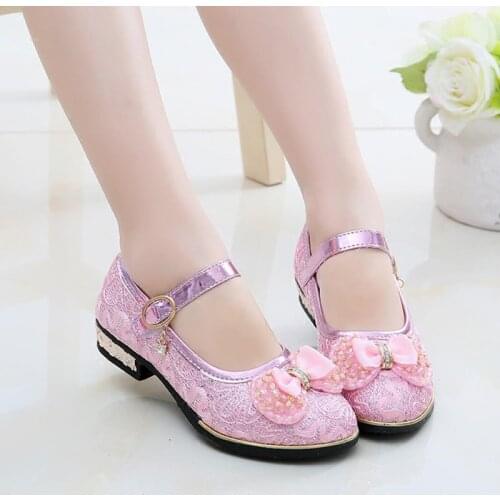New Little Girl Kids Children Lace High-heeled Shoes For Teens Girls School Stage Shoe Dance Party And Wedding Princess Shoes 28