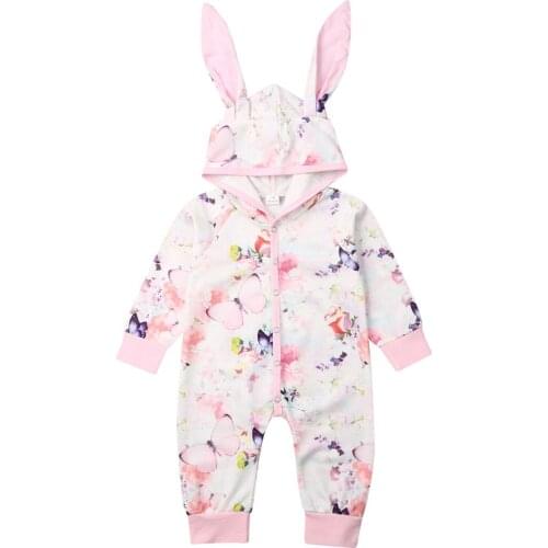 Baby Romper Cute Newborn Baby Girl Rabbit Ears Floral Print Clothes Romper Jumpsuit Infant Outfits Size 0-18M