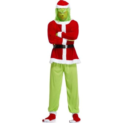 Grinch Christmas Cosplay Costume 6 Piece Set Santa Hat/Coat/Waist Belt/Gloves/Pants/Shoe Covers Christmas Party Props Costume