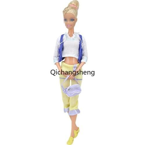 Fashion Outfits For Barbie Doll Clothes White Long Sleeve Shirt Blue Tank Tops Pants Bag 1/6 BJD Dollhouse Accessories Kids Toys