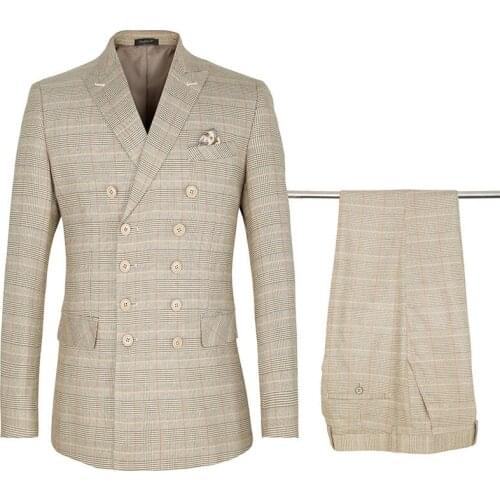 Mens Classic Suits Khaki Plaid Fabrics Mens Suits Wedding Groomsmen Tuxedo Formal Business Suits Double Breasted