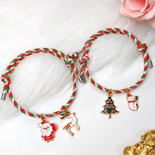 Christmas Charms Magnet Couple Bracelets Paired Magnetic Bracelet Adjustable Bracelets for Women Bracelet Elk Xmas Tree Santa
