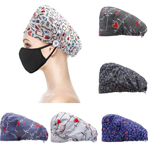 Unisex Cotton Adjustable Scrubs Hats Floral Print Medical Caps Dental Clinic Work Hats Tieback Elastic Pet Grooming Nursing Cap
