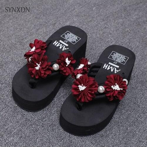 New 2021 Fashion Handmade Summer Women Slippers Flower Bead Wedges Flip Flops Beach Bohemia Ladies Platform Sandals Female