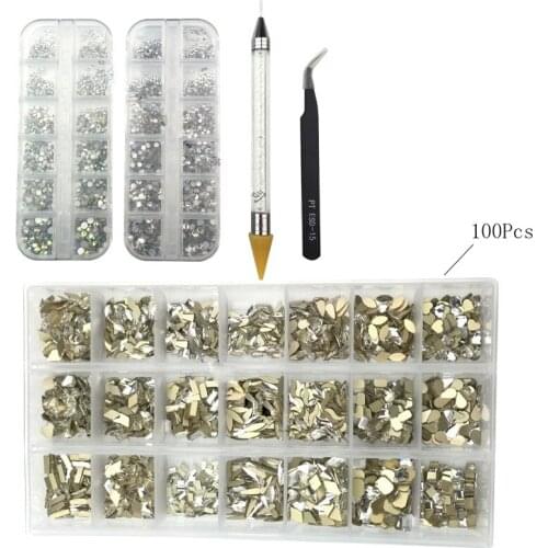 Swarovsky 2100Pcs Nail Stone and 1 Dotting Pen 1 Tweezers 3D Non HotFix FlatBack Nails Art Rhinestones Decoration