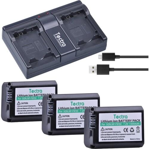 Tectra 3pcs NP-FW50 NPFW50 NP FW50 Battery + 2-Channel USB Dual Charger for Sony NEX-5 NEX-5A NEX-5C NEX-5D A6500 Battery