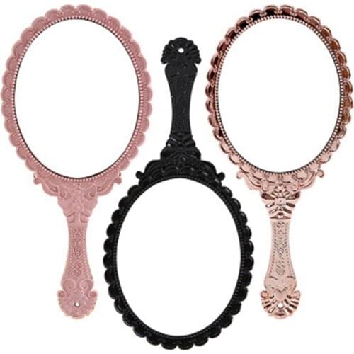 Vintage Handhold Makeup Mirror Pink Repousse Floral Oval Round Cosmetic Hand Held Mirror With Handle For Ladies Beauty Dresser