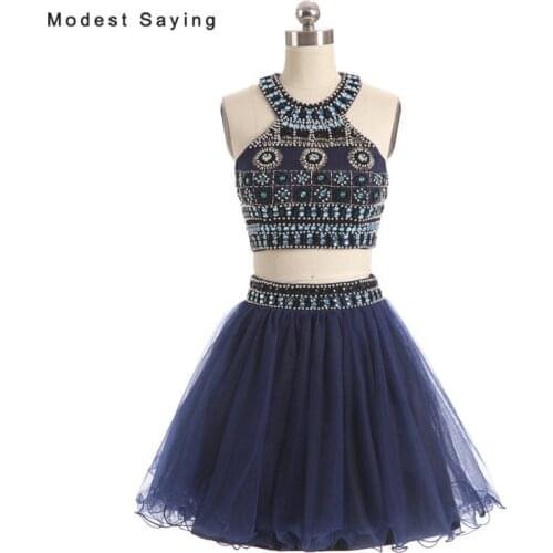 High Quality Luxury Dark Blue A-Line 2 Pieces Pearl Short Homecoming Dresses 2017 with Rhinestone Mini 8th grade Graduation Gown
