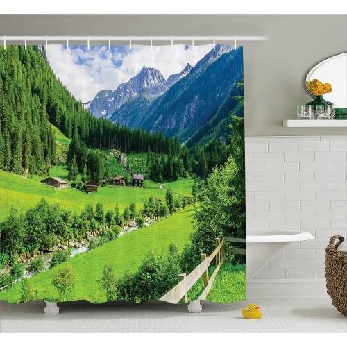 Farmhouse Decor Shower Curtain Alpine Landscape with Meadow Cottages and Pines Stream in Village View Fabric Bathroom Decor