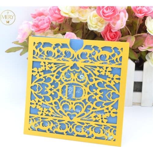 Pearl paper gold laser cut sleeves wedding invitations