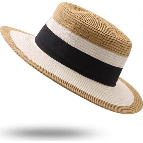 Sun Hats For Women Straw Wide Brim Hat Female Dress Hat Womens Summer Caps Beach Hat stripeFlat Top Fedroas Hat