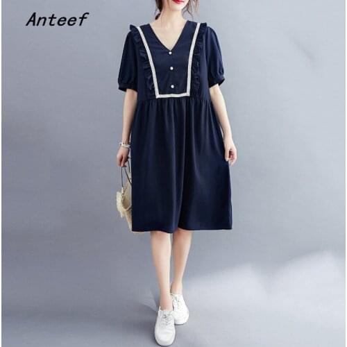 Short sleeve cotton linen lace vintage dresses for women casual loose midi woman summer dress elegant clothes 2021