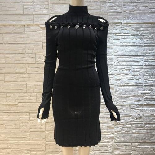 Women Autumn Sweater Dress Turtleneck Hollow Out Stretch Knitted Bodycon Dress