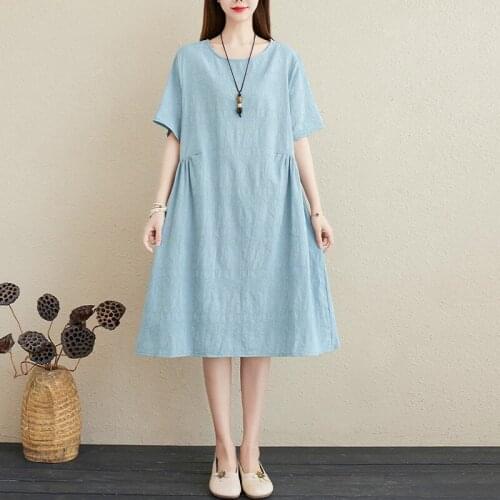 Women Summer Loose Casual Dress New Arrival 2021 Simple Style Vintage Solid Color Cotton Linen Female A-line Long Dresses B464