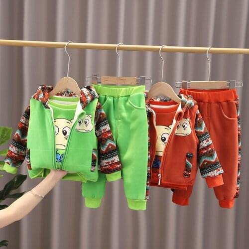 Winter Children Thicken Velvet Warm Jacket Coats Pants 3Pcs/Sets Casual Baby Boys/Girls Cartoon Kids Infant Tracksuit Outfits
